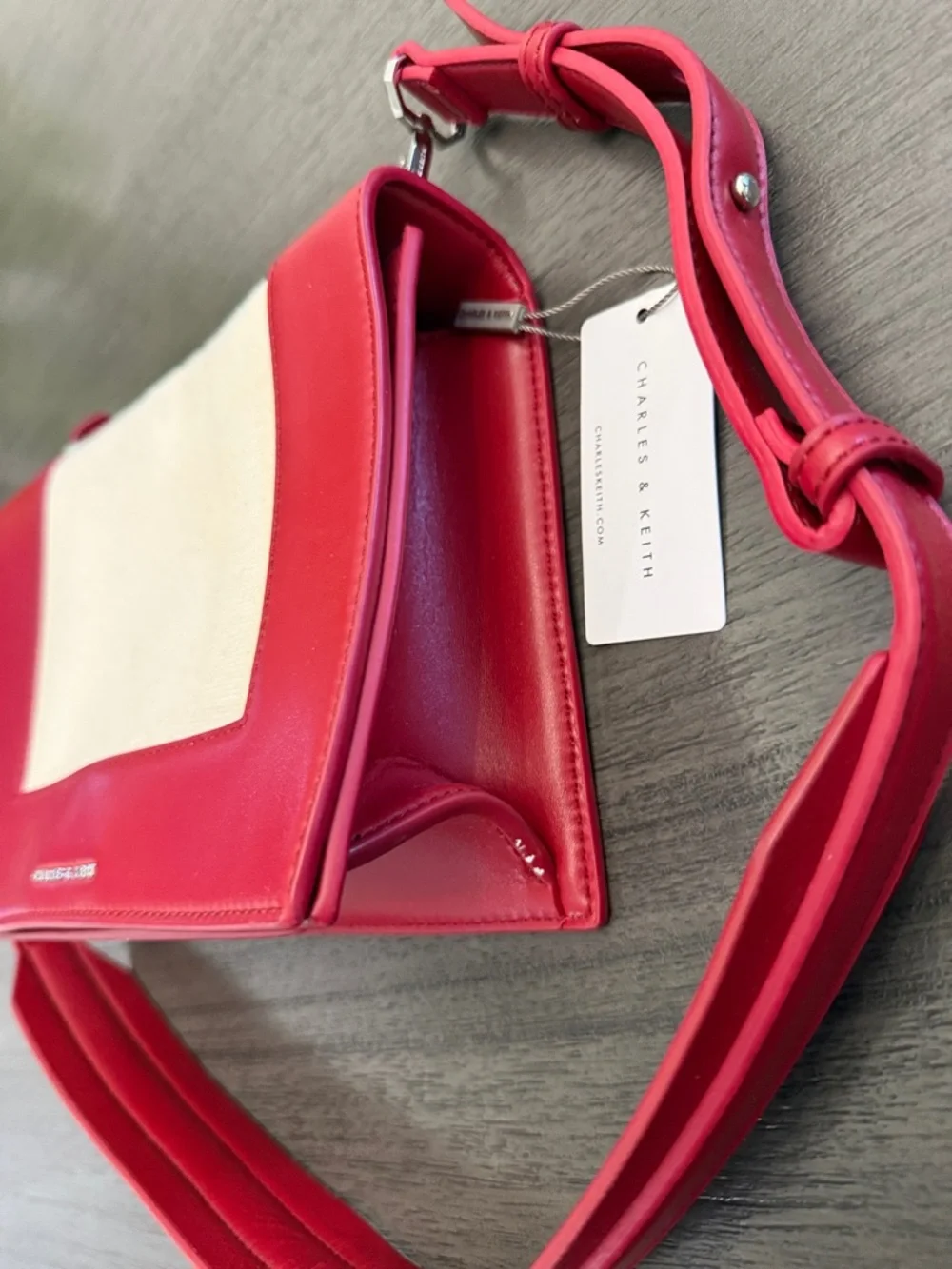 Charles & Keith Red and‎ Cream Canvas NWT Crossbody Bag Medium
